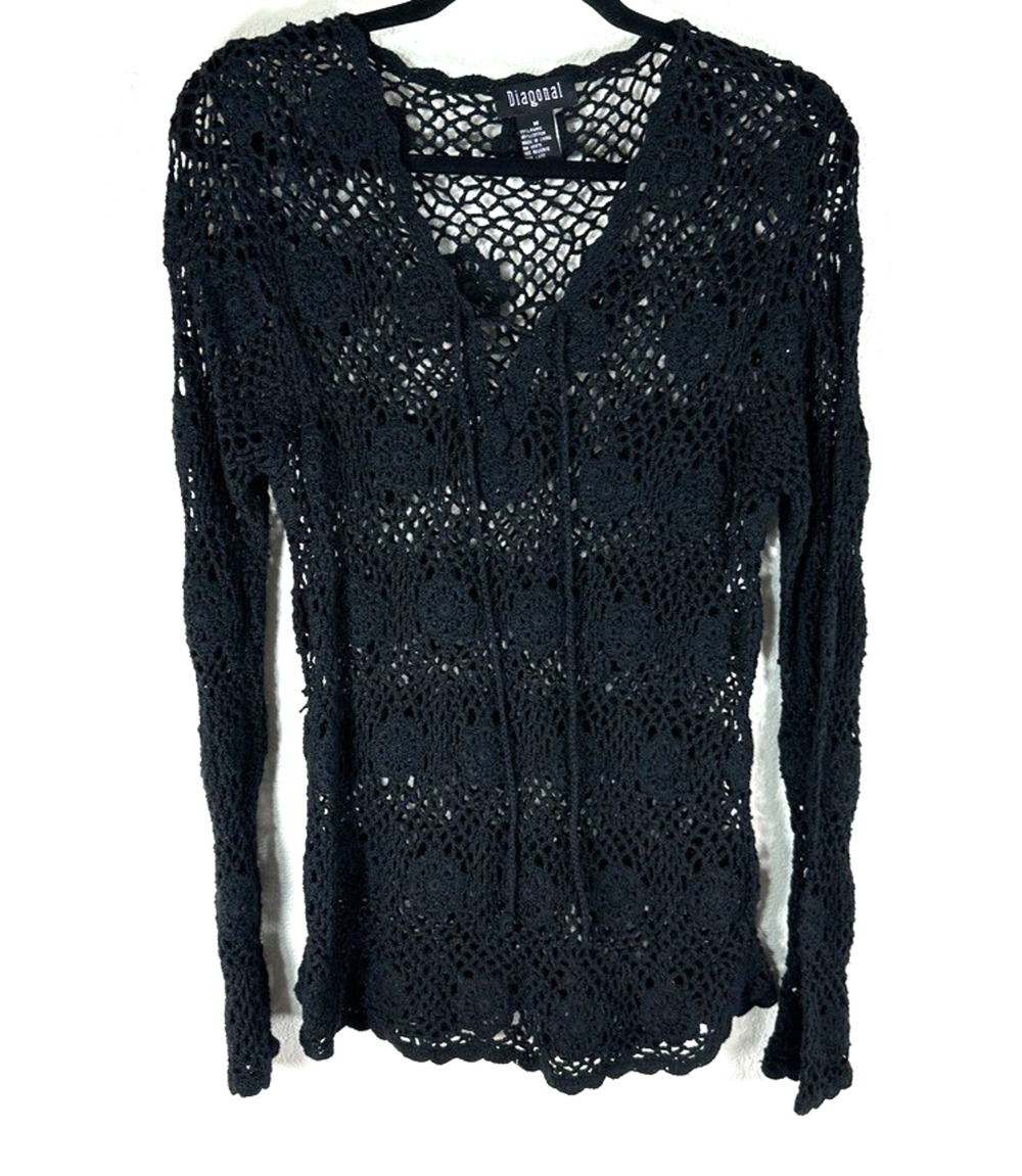 Diagonal Black Crochet Knit Top Scalloped Hem Swim Cover Beachy Hippie M Mod Roc
